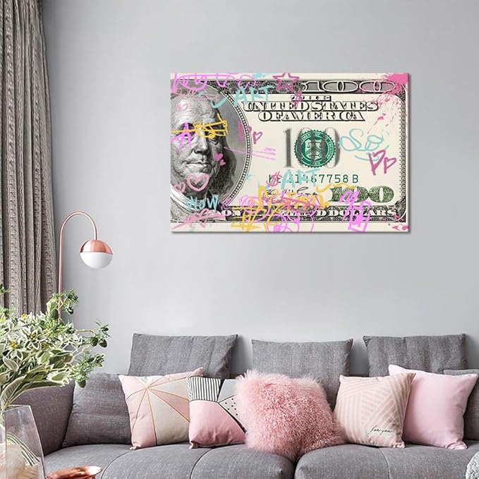 Inspirational Colorful Graffiti 100 Dollar USD Canvas Paintings Wall Art Money Buys Freedom Artwork Wall Pictures Poster and Prints Framed Ready to Hang-24x36 inches