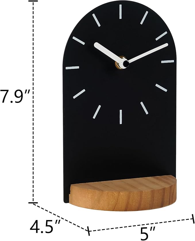 SOFFEE DESIGN One-Piece Table Clock Iron Sheet with Wooden Base Ins Style, Desktop Clock Non Ticking Battery Operated for Living Room Bedroom Home Decor, Black