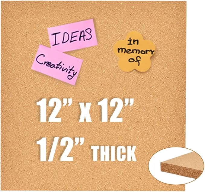 12x12 Cork Board Tiles Bulletin Board, 1/2" Thick Small Square Cork Boards for Walls, Self-Adhesive Cork Tiles for Home, Office, School, Bulletin Board Decorations(12mm,1pc)