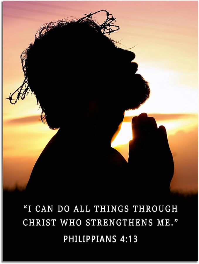 Motivational Wall Decor Philippians 4:13 Bible Verse Poster“I Can Do All Things Through Christ”Jesus Silhouette with Crown of Thorns Inspirational Quote Canvas for Church Home Indoor [18" W X 24" H]