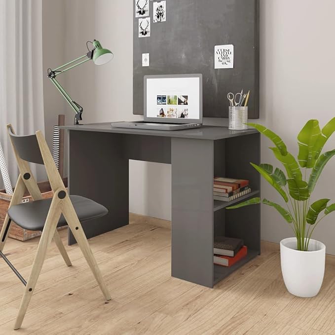 Modern Writing Desk Table with 2 Shelves, Study Computer Desk for Home, High Gloss Gray 43.3"x23.6"x28.7" Engineered Wood(A)
