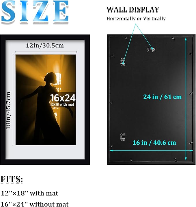 Egofine 16x24 Picture Frame Set of 2 Made of Solid Wood Covered by Plexiglass, Table Top Display and Wall Mounting Photo Frame, Black