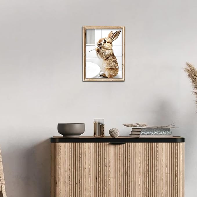 uniro Funny Bathroom Wall Art Prints, Cute Rabbit Brushing Teeth Bathroom Picture Wall Decor, Cute Bunny Animal Canvas Print Painting, Modern Bathroom Signs Wall Art Poster for Bathroom Decor( 8" x 10"-UNFRAMED)