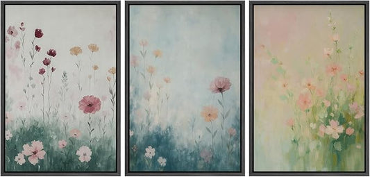 SIGNFORD Framed Wall Art Print Set Pastel Wildflower Meadow Soft Botanical Digital Art Modern Art Contemporary for Living Room, Bedroom, Office - 16"x24"x3 BLACK
