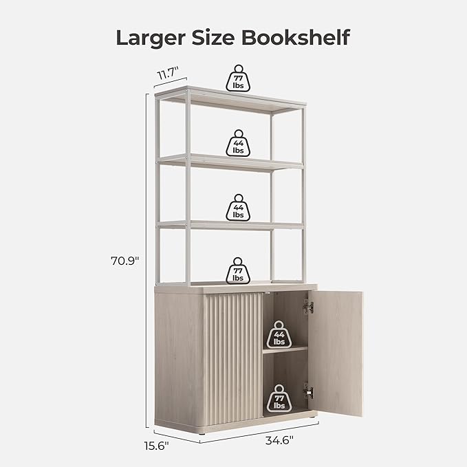 SICOTAS Book Shelf Fluted Bookshelf 71" Tall Bookcase with Doors Storage 5 Tier Mid Century Modern Bookshelves Large Shelves Metal Book Cases for Living Room Office Bedroom Kitchen Library
