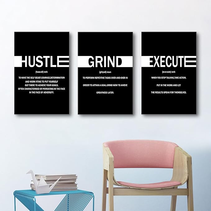Motivational Canvas Wall Art Hustle Grind Execute Entrepreneur Quotes Poster Print Inspirational Pictures Painting for Office Class Room School Wall Decoration Stretched and Framed [48''Hx24''W]