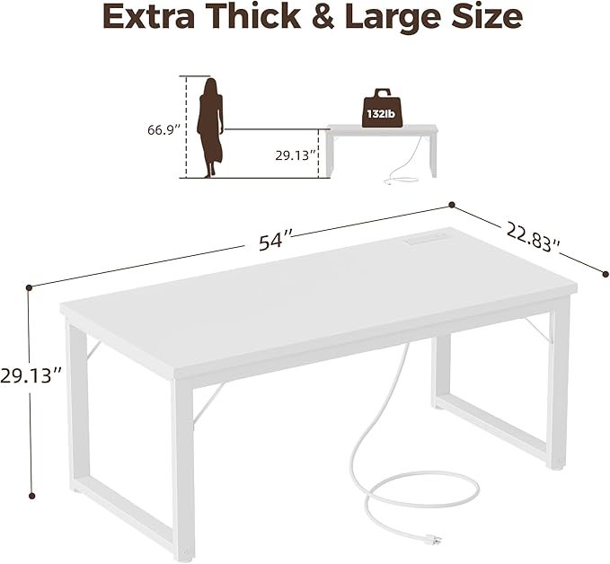 Mericonia 54 Inch Computer Desk with Power Outlets, 1.2" Thick Heavy Duty Industrial Office Desk, Modern Simple Study Writing Table for Home Office Bedroom Workstation, White