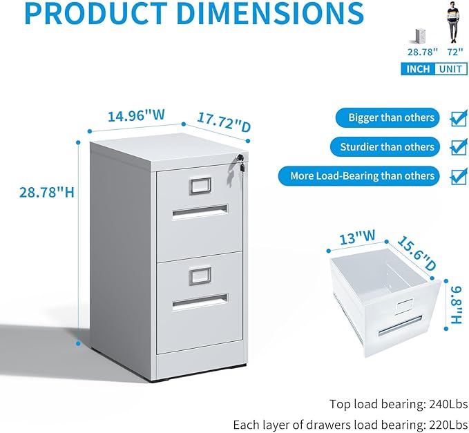 2 Drawer File Cabinet with Lock and Card Slot, Steel Vertical Filing Cabinets for Home Office, Small Metal File Cabinets for Hanging Legal Letter Size Files, Assembly Required(White)