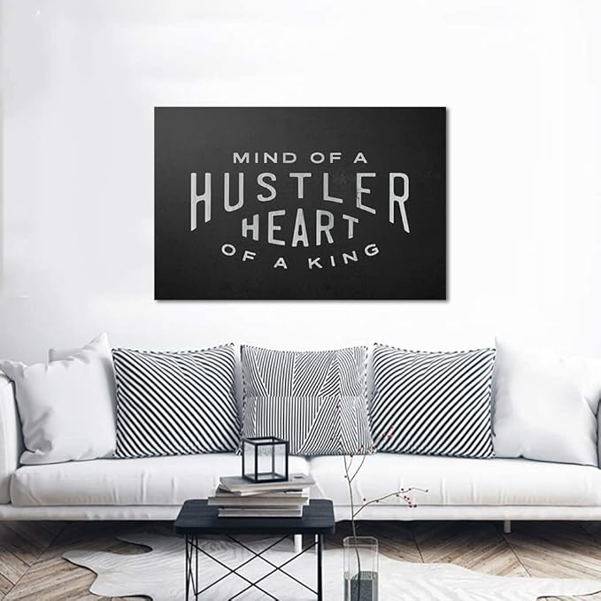 Mind Of A Hustler Heart Of A King - Inspirational Contemporary Entrepreneur Quotes Canvas Wall Art Black and White Motivational Framed Artwork HD Print Easy to Hang-44x28 inches