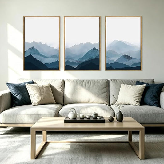 BINCUE Large Blue Mountain Wall Art Blue Minimalist Wall Decor Fog Blue Ridge Mountains Artwork 24x36 Inches Minimalist Landscape Paintings Framed Mountains Art Large Landscape Artwork for Living Room Bedroom Office Set of 3