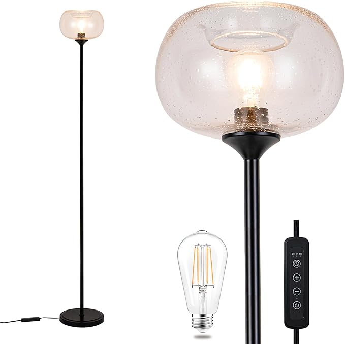 MAYNA Globe Floor Lamp, Clear Round Glass Standing Lamp with Built-in Timer Switch, Black Tall Industrial Lamps for Living Room Bedroom, 2700K LED Bulb Included