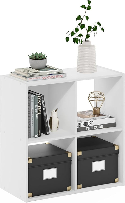 Furinno PELLI Book Shelf, 4 Cube Bookshelf with Open Back & Closed Back Cubes, 2 x 2 Storage Organizer Cabinet, 11.6 x 24.2 x 24.2, for Living Room, Bedroom, Home Office, White