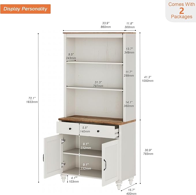 WAMPAT 5 Tier Bookshelf 72" Tall Bookcase with Barn Doors, Large Farmhouse Display Book Shelf with Wood Doors and Storage Cabinet，Library Wooden Bookshelves for Living Room, Office, Kitchen, White