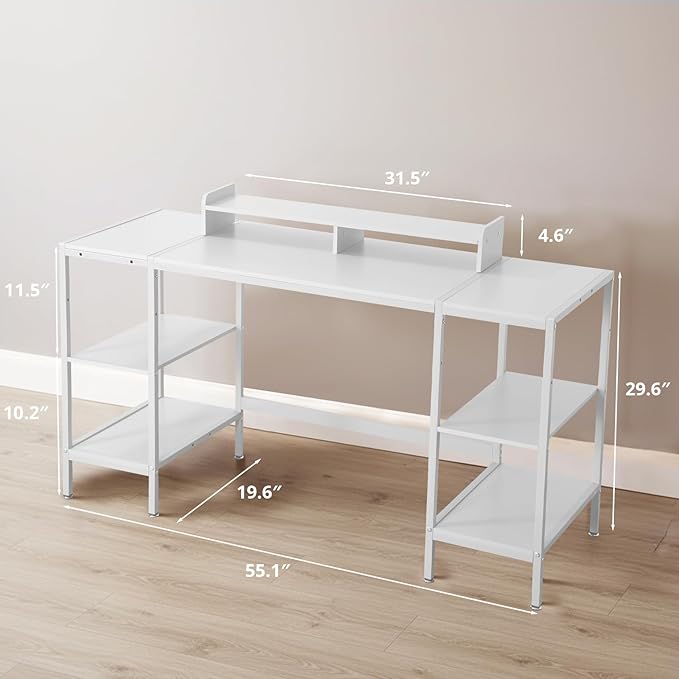Computer Desk 55-inch with Storage Shelf - White Ideal Gaming Desk for Bedrooms, Small Spaces, and Home Offices Modern Writing Desk for PCs.