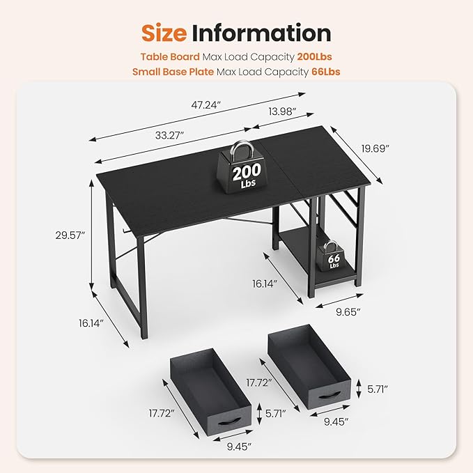 Sweetcrispy 47 Inch Computer Desk with Drawers for Home Office, Writing Desk with X-Shaped Reinforcement, Wood Table with Adjustable Position Drawers, Modern Study Work Table with Side Hook, Black