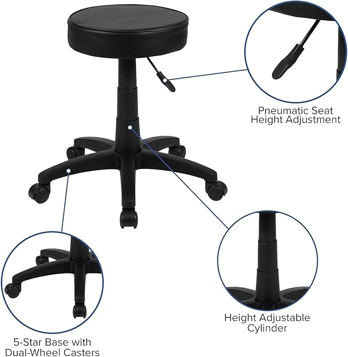 Flash Furniture Baker Black Adjustable Doctors Stool on Wheels with Ergonomic Molded Seat