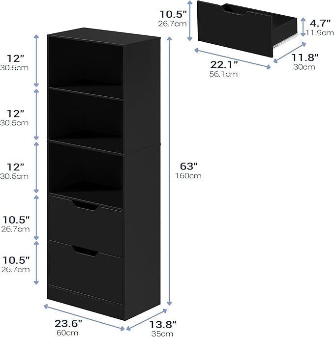Bookcase with 2 Drawers, 63" 3-Tier Bookshelf with Storage, 3 Shelf Book Shelf with Adjustable Shelf, Modern Bookshelf, Open Shelves Bookcase for Study, Bedroom & Home Office, Black