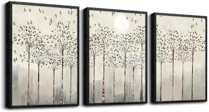 AHUASJART Trees And Birds Abstract Paintings Large Wall Decorations For Living Room Black Framed Canvas Prints Wall Art For Bedroom Wall Decor Office Artworks Pictures Sunrise And Sunset Home Decor