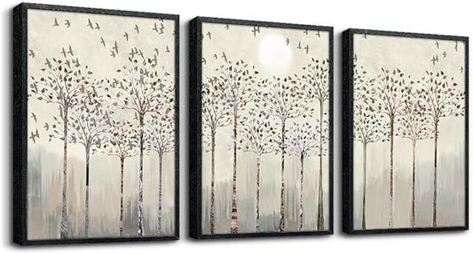 AHUASJART Trees And Birds Abstract Paintings Large Wall Decorations For Living Room Black Framed Canvas Prints Wall Art For Bedroom Wall Decor Office Artworks Pictures Sunrise And Sunset Home Decor