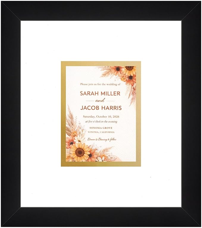 Poster Palooza Wedding Invitation Display Frame 10x11.25 in Black With White and Metallic Gold Double Mat for 4.25x5.5 A2 Keepsake - 2026 Edition | USA Made