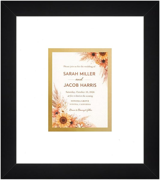 Poster Palooza Wedding Invitation Display Frame 10x11.25 in Black With White and Metallic Gold Double Mat for 4.25x5.5 A2 Keepsake - 2026 Edition | USA Made