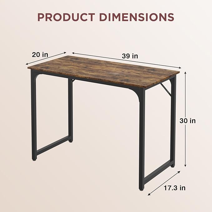 Computer Desk, 39 Inch Office Desk with Metal Frame, Home Office Desk, Modern Simple Style for Small Space Home Office, Living Room, Bedroom, Brown