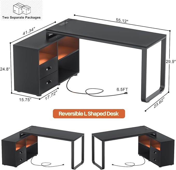 Homieasy L Shaped Desk with File Cabinet & Power Outlet, Reversible 55 Inch Large Corner Computer Desks with LED Strip, L-Shaped Computer Desk with Drawers and Storage Shelves, Black