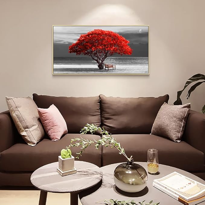 Framed Wall Decor Living Room Large Size Canvas Wall Art Black White With Landscape Moon Painting Red Trees Canvas Pictures Artwork Office Decor Boho Home Decorations Natural Wood Framed 20" X 40"