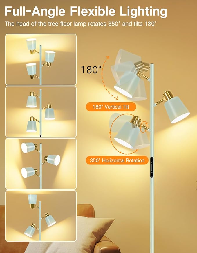 OUTON Tree Floor Lamp, LED Dimmable Floor Lamp with Remote and Touch Slide Control, 4 Color Temperatures, 3 Rotatable Lights, Modern Standing Lamp for Living Room Bedroom Office,Teal & Gold