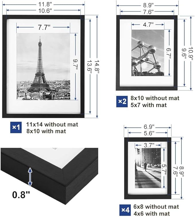 SONGMICS Picture Frames with 7 Mats, Set of 7 Collage Photo Frames, One 11x14, Two 8x10, Four 6x8 Frames, Hanging or Table Display, Glass, Black URPF37BK