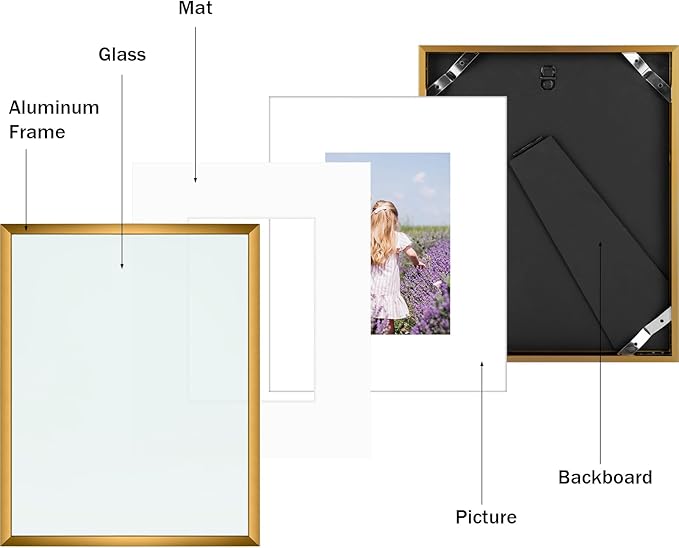 Golden State Art, Gallery Wall Frame Set of 6 - Bronze 8x10 Aluminum Photo Frames with Mat for 5x7 Pictures - 8 x 10 inch Metal Frame with Real Glass Cover - Elegant Home or Office Decor