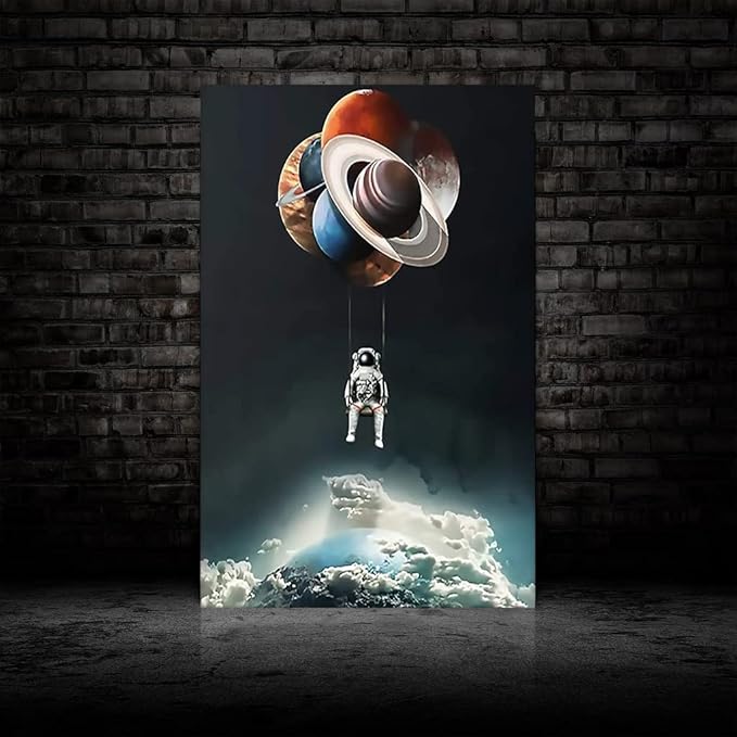 Universe Theme Canvas Wall Print Art Astronaut Holding Planetary Balloon Canvas Wall Framed Artwork Modern Home Decor Giclee Art Space Canvas Prints and Painting Ready to Hang - 44x28 inch