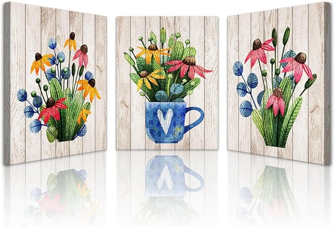 Lapremoly Wall Art for Kitchen Large Wall Decor for Living Room Bedroom Decorations Room Wall Decor 3 Pieces Framed Canvas print Artwork Modern Office Home Decor Vintage Wood Grain Flowers Painting