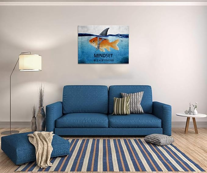 Inspirational Posters Mindset is Everything Painting Prints on Canvas Goldfish Big Shark Picture Motivational Entrepreneur Quotes for Living Room Office Home Decor House Warming Presents (28”Hx44”W)