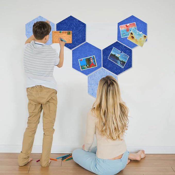 Vuzvuv 6 Pcs Hexagon Bulletin Board with 50 Pushpins & Sticky Note Adhesive Cork Board for Wall，Felt Pin Board for School，Office Decor（Blue）
