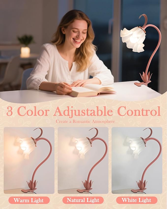 Flower Lamp Clip on Light, 3 Color Modes Eye-Caring Desk Lamp with Clamp, Dorm Room Essentials, Flexible Neck Reading Clamp Lamps for College Bedside Bookshelf Studying Room (Pink)