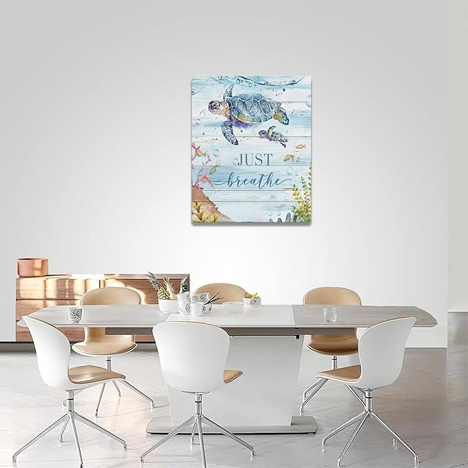 yerretin Nautical Sea Turtle Wall Art Ocean Just Breathe Pictures Wall Decor Beach Canvas Painting Modern Artwork Home Decoration for Bathroom Living Room Bedroom Office Framed 16"x20"