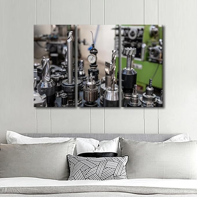 TUMOVO Wall Art for Living Room CNC Machine Tools Canvas Painting Wall Art 3 Panel Machine Wall Art Canvas Artwork Wall Decor Modern Prints Wall Art Stretched and Framed Ready to Hang, 42x28 Inch