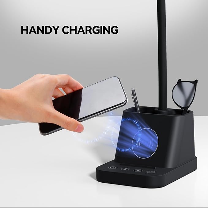 AXX LED Desk Lamp for College Dorm Room with Wireless Charger, Reading Light for Home Office Bedroom, Small, Bright, Touch Control, Pen Holder, Phone Mount, Timer, Black