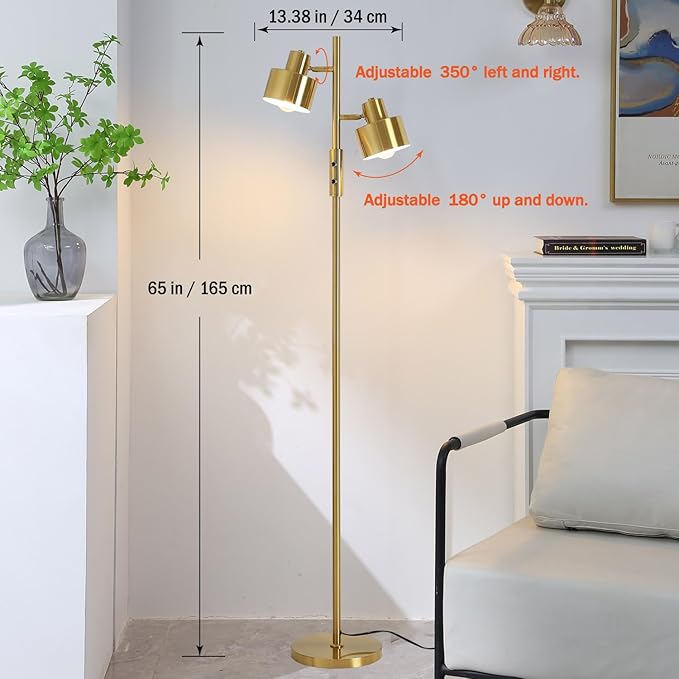 Dimming Floor Lamp with 2 Adjustable Head,Tall Modern Industrial Vintage Standing Lamps for Living Room, Bedroom, Office,Study,Gold Corner Light for Reading