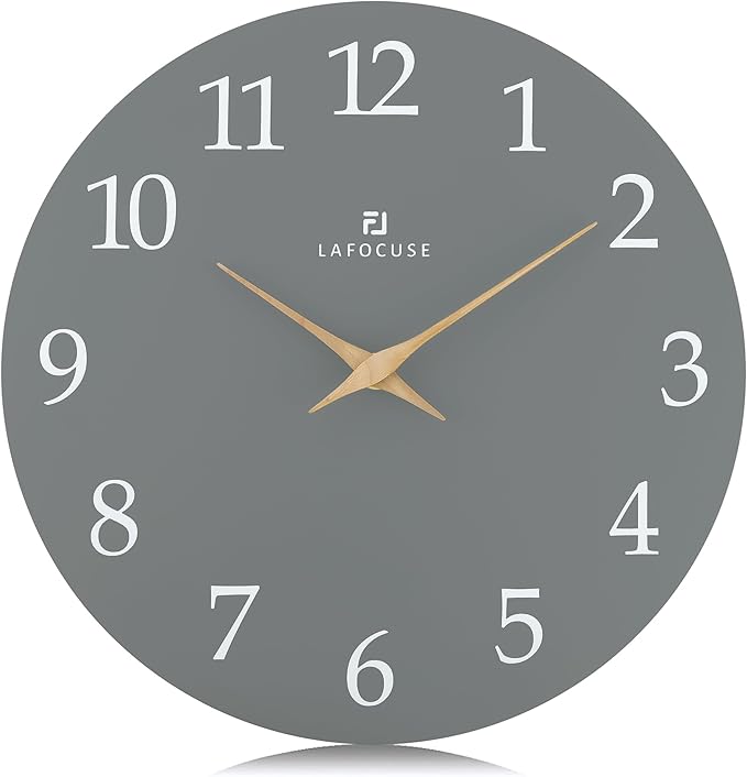 Lafocuse 12 Inch Wooden Gray Wall Clock Battery Operated Silent Non-Ticking, Modern Simple Wall Clock for Living Room Decor Kitchen Bedroom Office