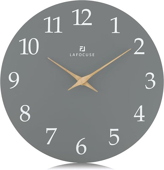 Lafocuse 12 Inch Wooden Gray Wall Clock Battery Operated Silent Non-Ticking, Modern Simple Wall Clock for Living Room Decor Kitchen Bedroom Office