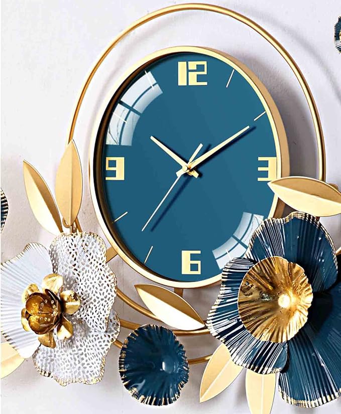 Wall Clock Large Decorative Hanging Wall Clocks,36.6 * 18.7in Wrought Iron Silent Non Ticking Ginkgo Leaf Wall Quartz Clock for Living Room Office Cafe Hotel,White Clock (Blue A)