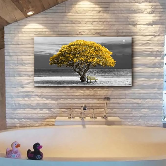 Wapluam Large Canvas Wall Art for Living Room, Office, Bedroom - Black and White Landscape Paintings With Yellow Trees - Framed Pictures Artwork Home Decor Mural 24x48 in