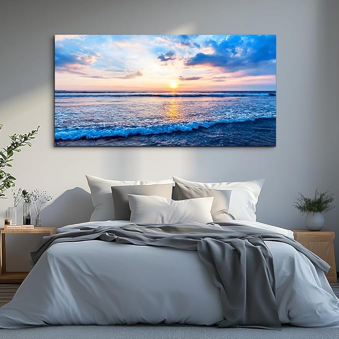 hyidecorart Ocean Wall Art for Living Room, Blue Wave and Large Coastal Beach Canvas Wall-Decor for Bedroom,Large Blue Artwork for Walls Gold Sun Scenery Pictures for Hallway Office Kitchen 30" x 60"