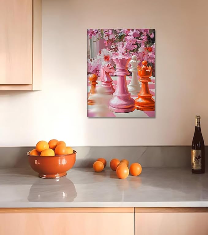 Chess Canvas Wall Art - Colorful Chess Pieces with & Pink Floral Painting, Modern Inspirational Artwork Intelligence Game Decor for Living Room, Office, Home, Stretched Framed (18x 24 in)