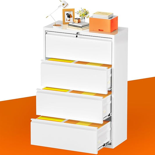 INTERGREAT 4 Drawer File Cabinet, Metal Lateral Filing Cabinet for Home Office, Locking Horizontal File Cabinets for Hanging Files Letter/Legal/F4/A4 (White)