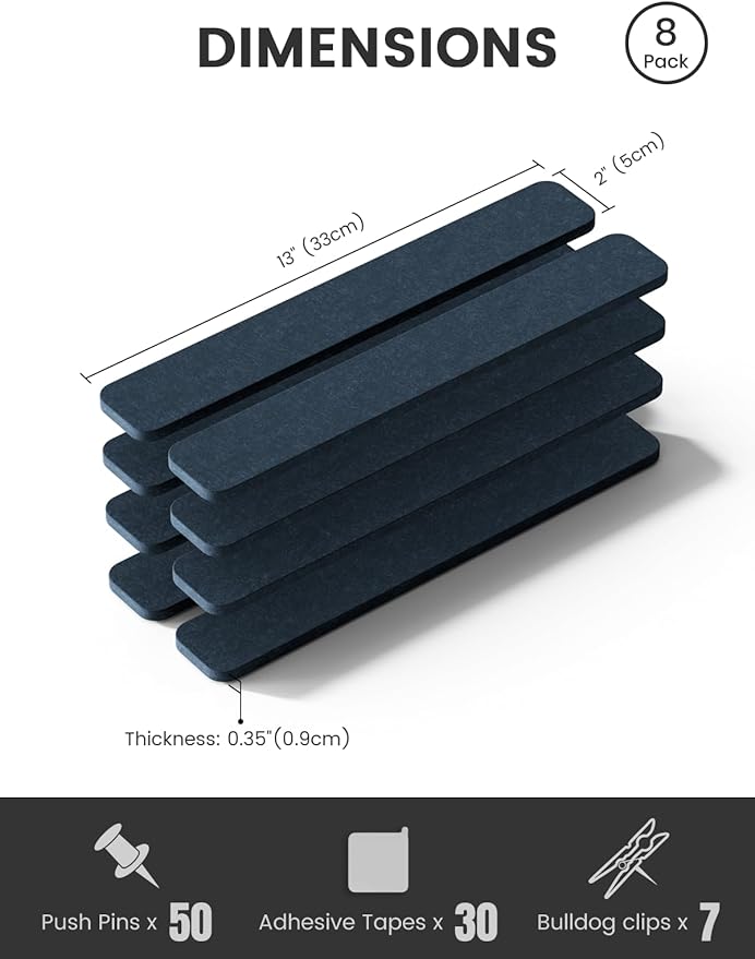 Fluxynara Cork Board Alternative Felt Strip Board 8-Pack 13"x2", Office Pin Board with 50 Push Pins, Adhesive Install for Bedroom Door & Home Office(Denim Blue)