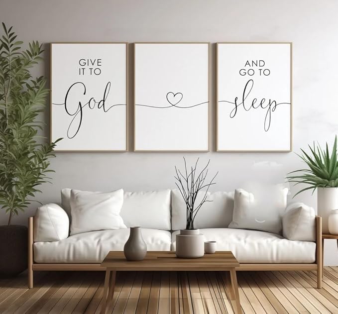Minimalist Wall Art Canvas 3 Pieces Give it to God and Go to Sleep Poster Prints Painting Modular Pictures Artwork for Home Bedroom with Inner Frame