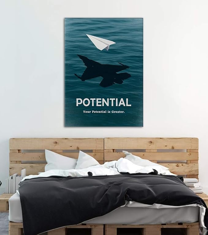 Potential Motivational Canvas Wall Art with Paper Plane & Your Potential is Greater Quote Inspirational Wall Decor for Office Living Room Home, Ready to Hang & Framed 12x16 inch